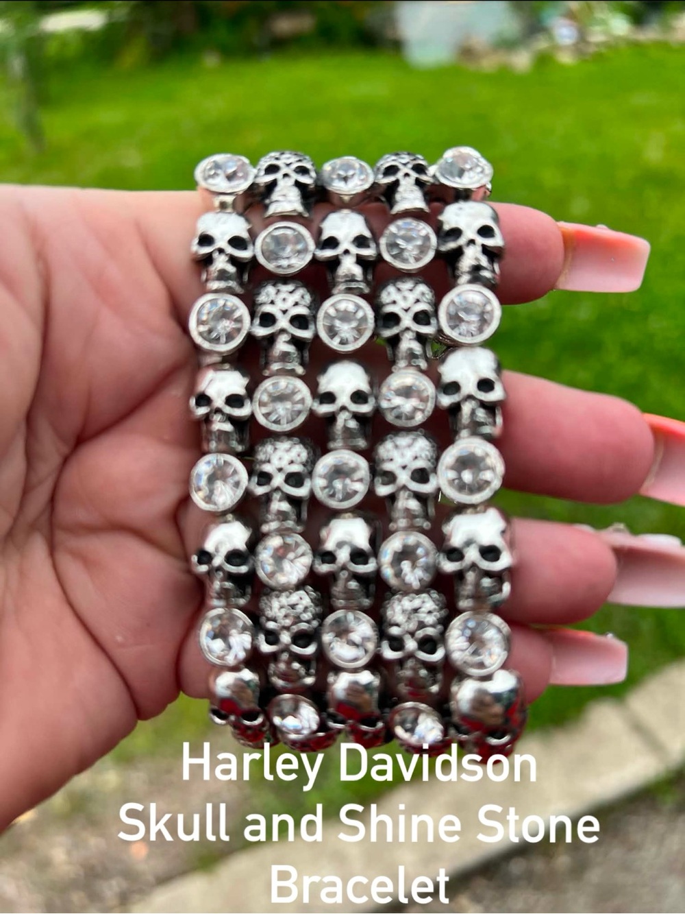 Harley-Davidson Silver-tone Skull Bracelet with Clear Crystals